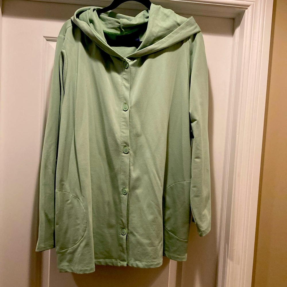 Denim & Co Womens Plus 3x French Terry Button Front Jacket Sage Green Hood NWOT